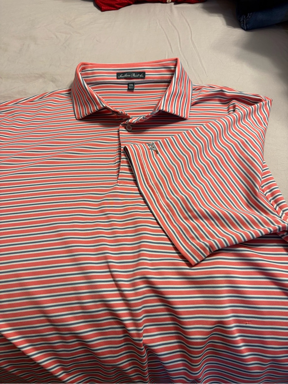 Men's Striped Coral Polo Shirt with Navy & White Accents